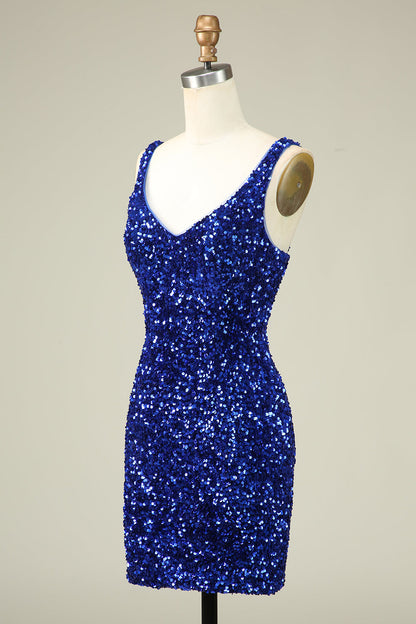 Stylish Sheath V Neck Royal Blue Sequins Short Homecoming Dress