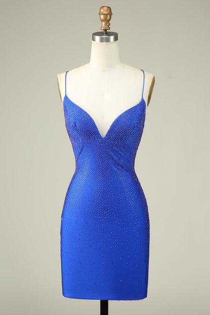 Sexy V Neck Blue Spaghetti Straps Homecoming Dress With Beading