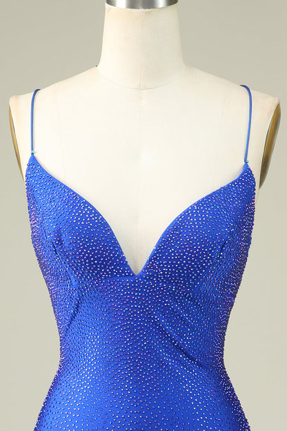 Sexy V Neck Blue Spaghetti Straps Homecoming Dress With Beading