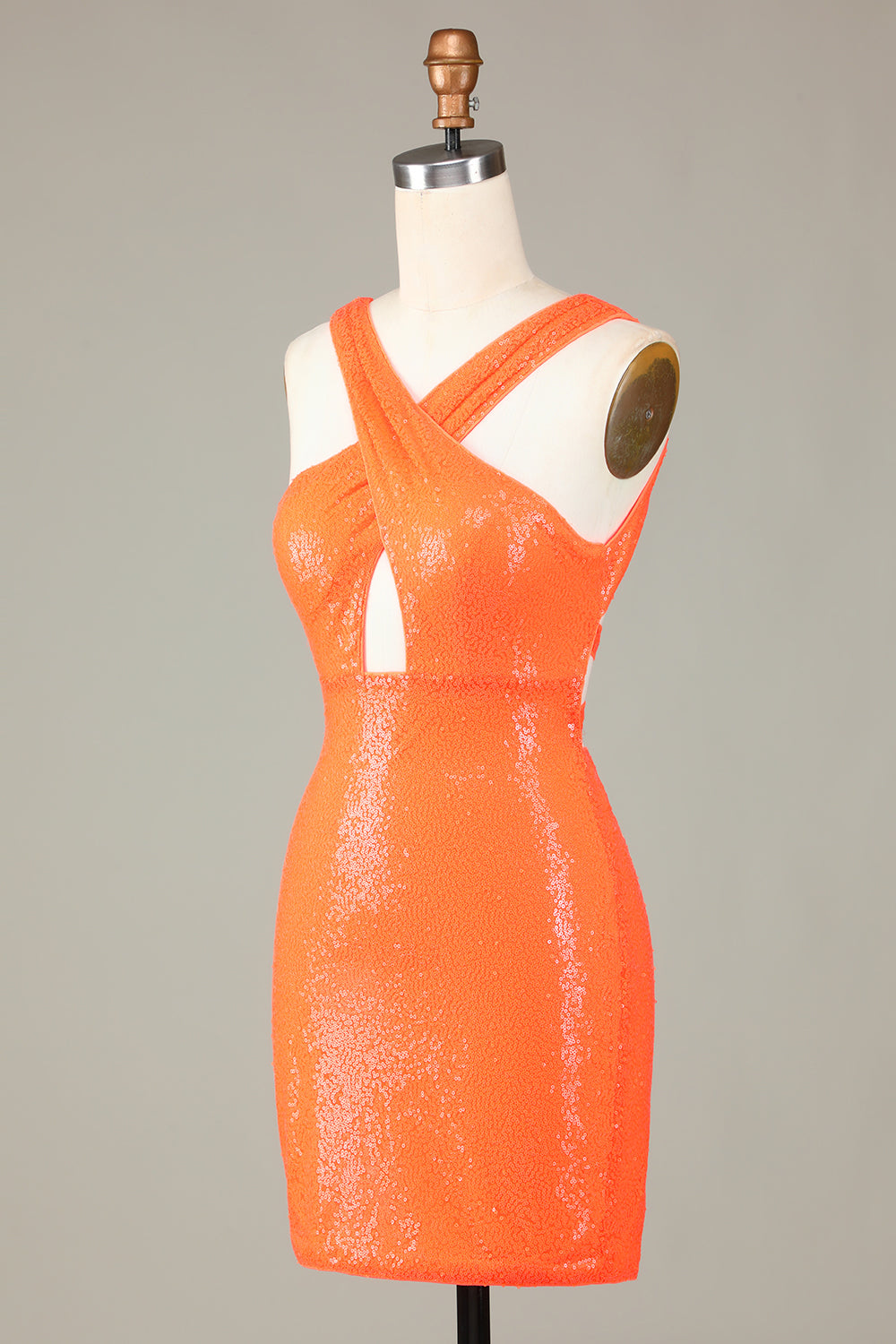 Glitter Orange Halter Backless Sequins Tight Homecoming Dress