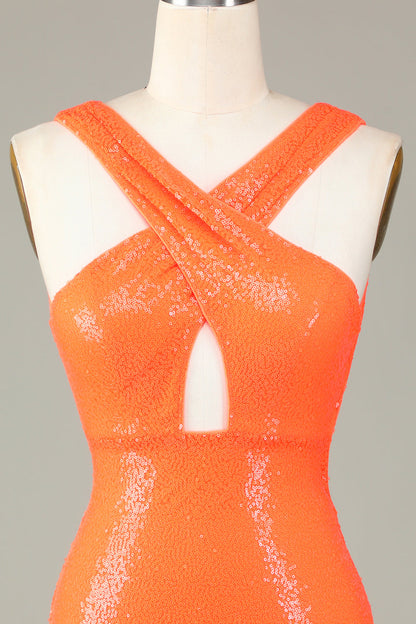 Glitter Orange Halter Backless Sequins Tight Homecoming Dress