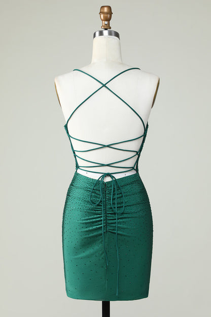 Elegant Sheath Spaghetti Straps Dark Green Short Homecoming Dress with Beading