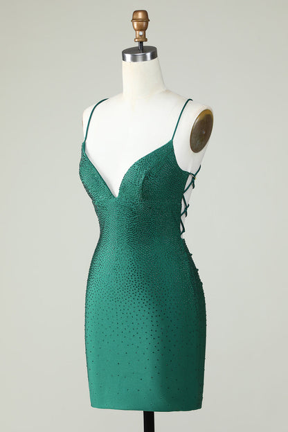 Elegant Sheath Spaghetti Straps Dark Green Short Homecoming Dress with Beading