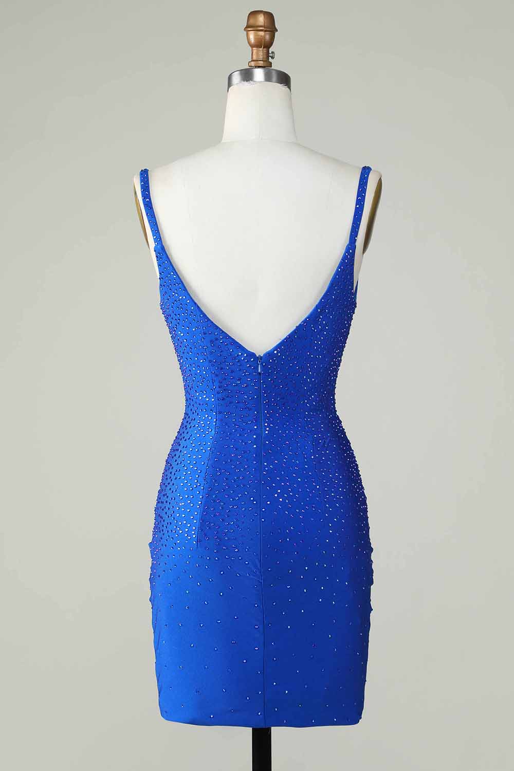 Deep V Neck Royal Blue Short Tight Homecoming Dress with Beading