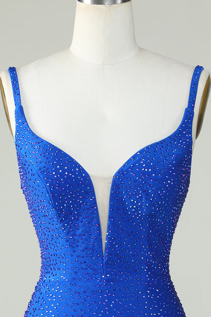 Deep V Neck Royal Blue Short Tight Homecoming Dress with Beading