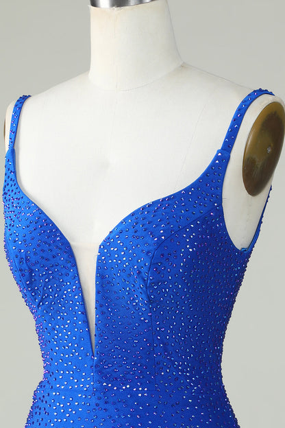 Deep V Neck Royal Blue Short Tight Homecoming Dress with Beading