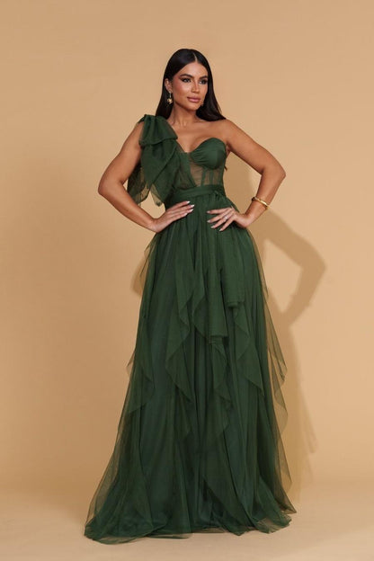 edgynewlook Glamorous Mint Tulle Sleeveless One Shoulder Long Prom Dress with Ruffles