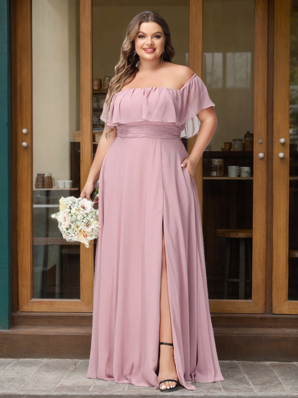 A-Line/Princess Off-the-Shoulder Short Sleeves Chiffon Plus Size Bridesmaid Dresses with Pockets & Split Side