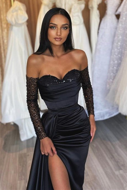 Black Prom Dress Sweetheart Short Sleeves With Slit Pleated ED0636