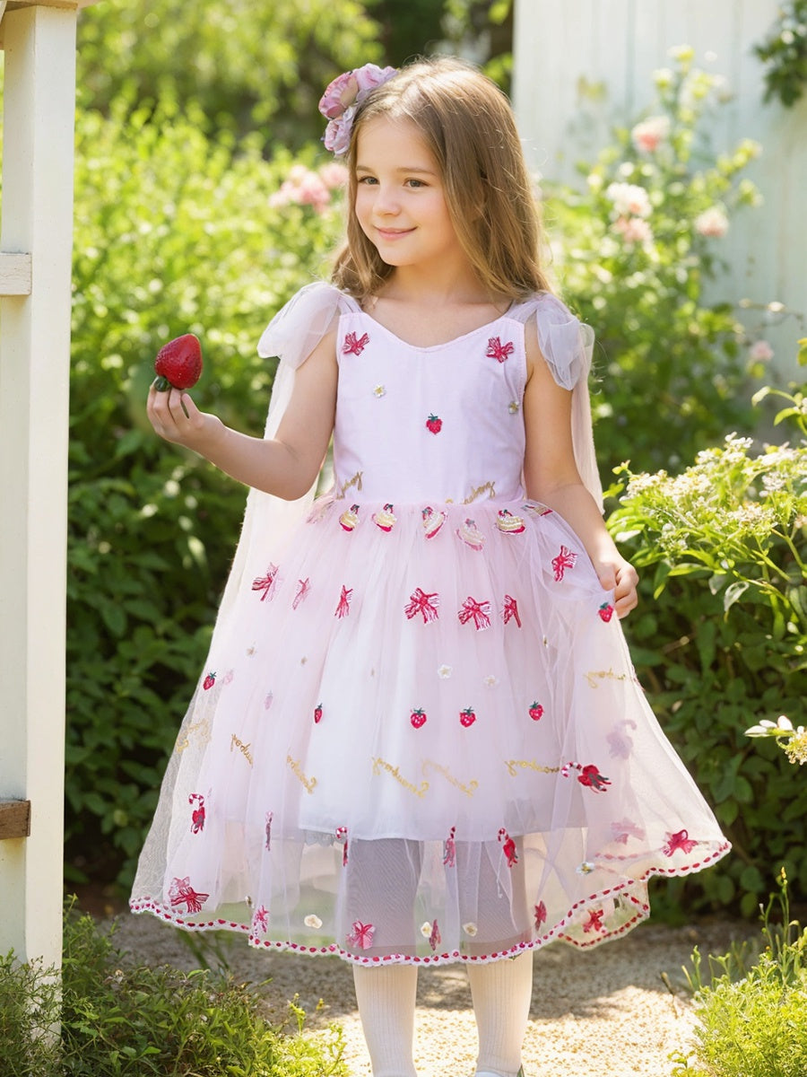 Tulle Knee-length Strawberry Embroidery Flower Girl Dress