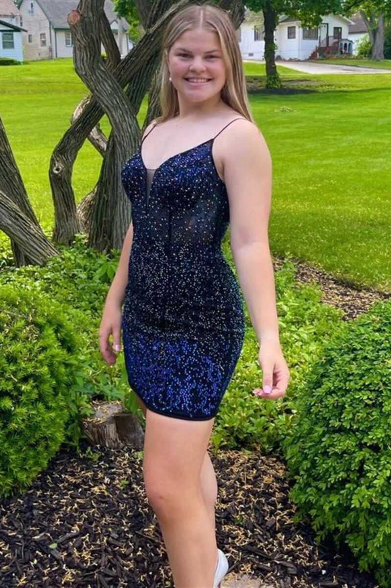 Dark Blue Beaded Spaghetti Straps Bodycon Mini Party Dress  gh1367