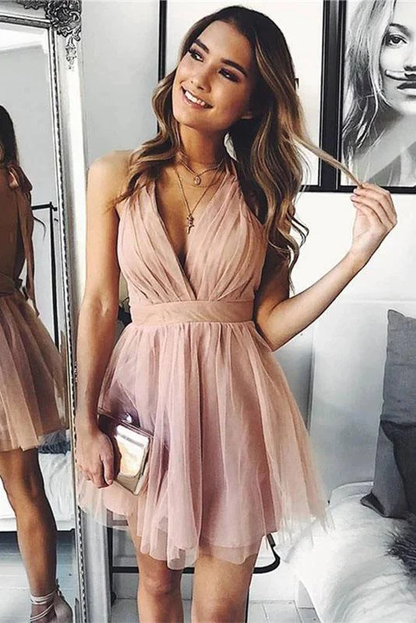 Cute V Neck Above Knee Pink Ruffles Tulle Short Prom Dresses Homecoming Dresses gh820