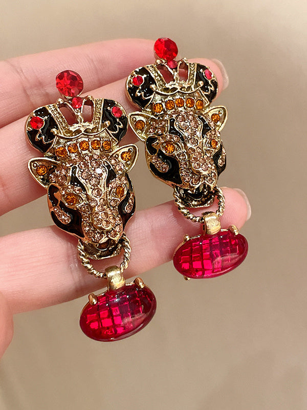 Diamond Tiger Head Crown Earrings High-end Light Luxury Style Retro Earrings