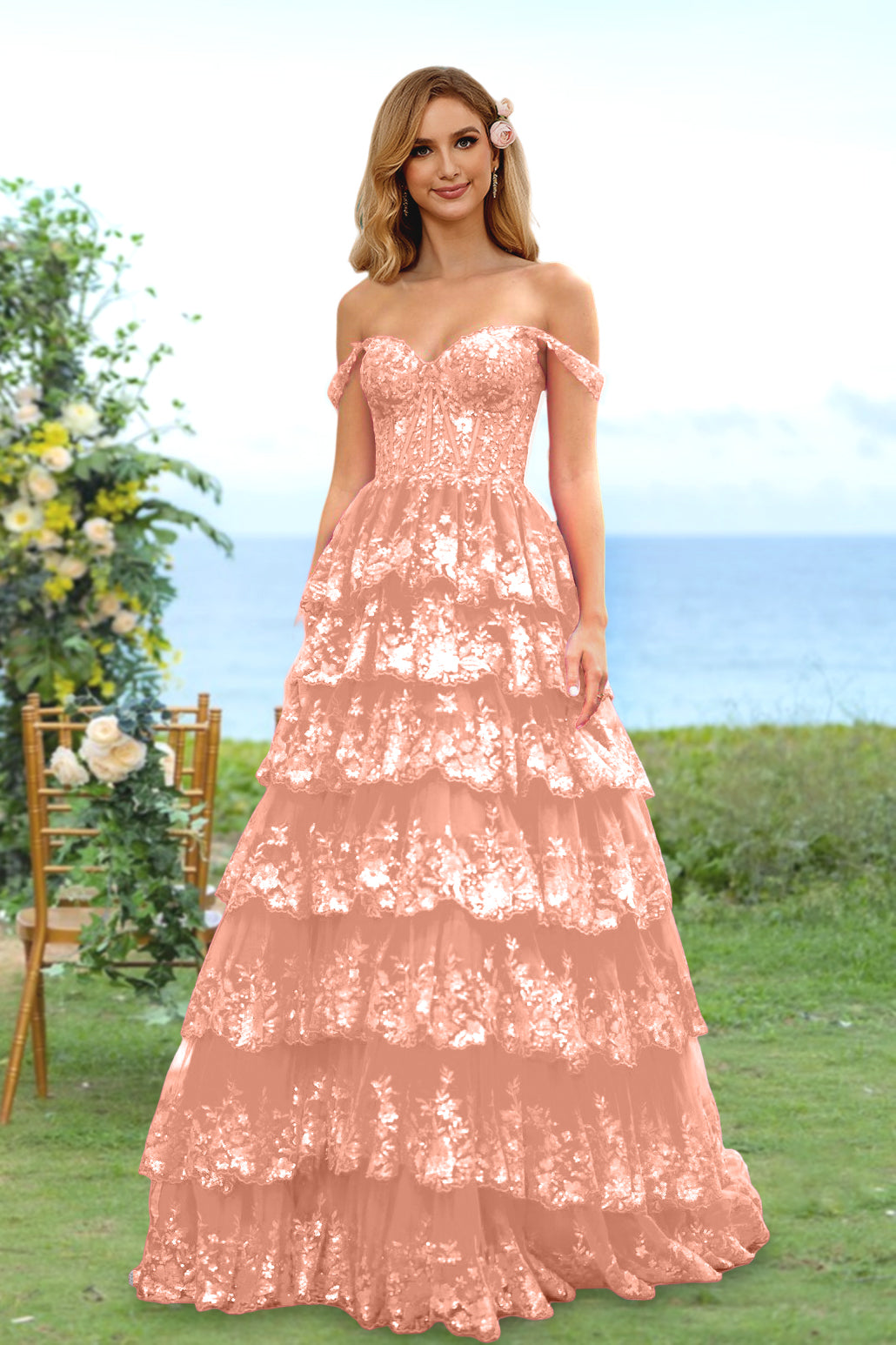 A-Line/Princess Sweetheart Off-the-Shoulder Long Prom Evening Party Floral Dresses with Sequins & Ruffles