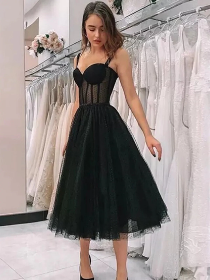 Black Tea Length Sweetheart Neck Prom Dresses, Black Tea Length Formal Homecoming Dresses gh1646