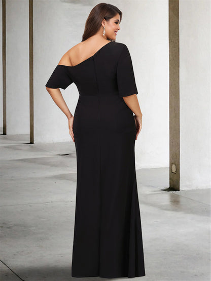 A-Line/Princess One-Shoulder 3/4 Length Sleeves Pure Color Plus Size Floor-Length Mother of the Bride Dresses