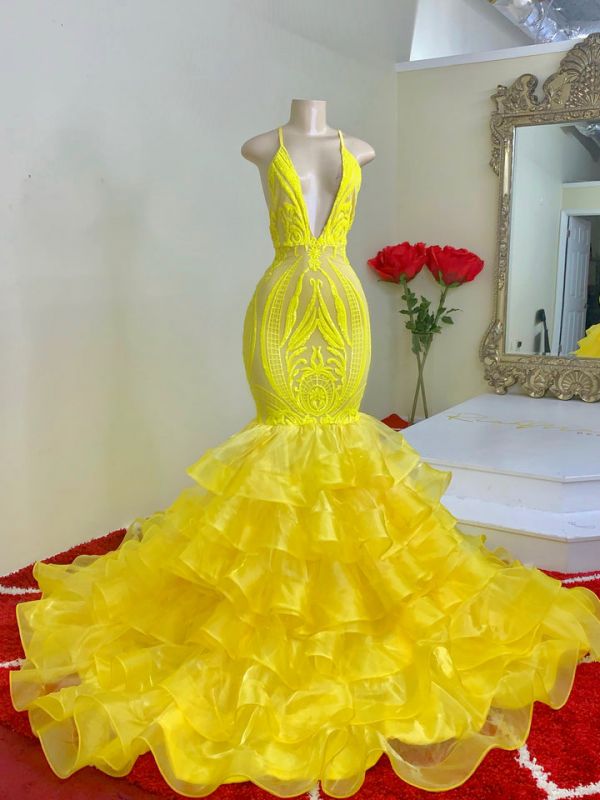 Yellow Spaghetti-Straps Mermid Prom Dress Lace With Ruffles PD0587