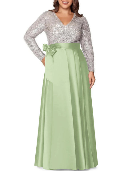 A-Line/Princess V-Neck Long Sleeves Floor-Length Plus Size Mother of the Bride Dresses With Pocket Sequins