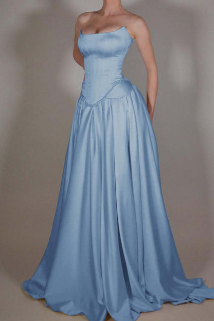 edgynewlook Exquisite Satin Ivory Sleeveless Strapless Long Pleated Prom Dress with Beadings