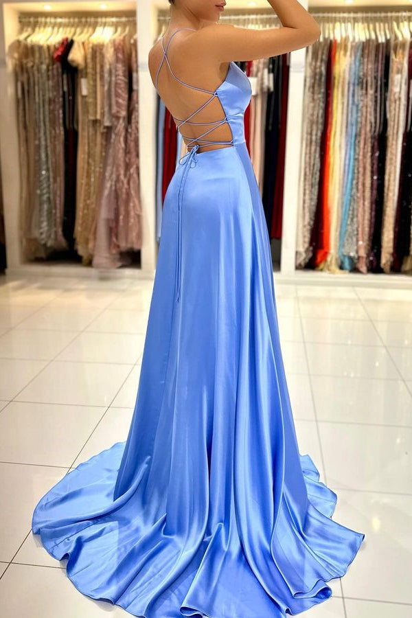 Light Blue Prom Dress Spaghetti Strap With Split ED0603