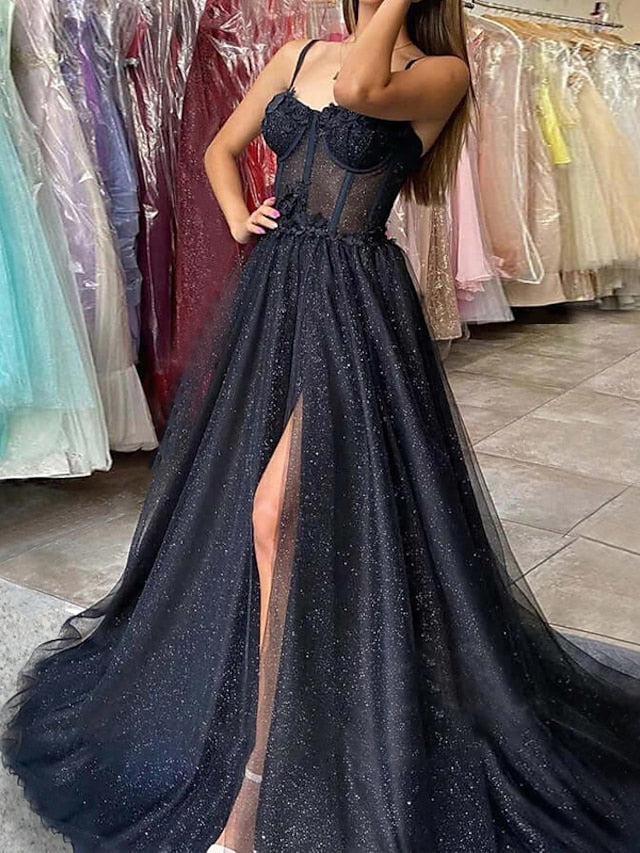 A-Line/Princess Spaghetti Straps Long Prom Dresses