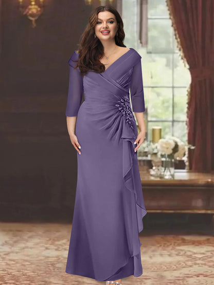 Sheath/Column V-Neck Half Sleeves Floor-Length Plus Size Mother of the Bride Dresses with Ruffles & Appliques