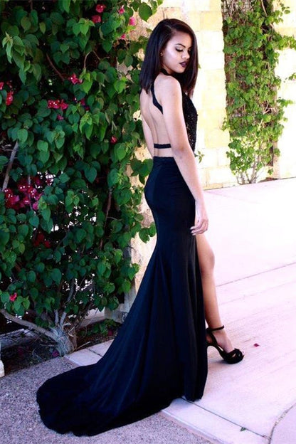 Dark Navy Sleeveless Prom Dress With Slit PD0261