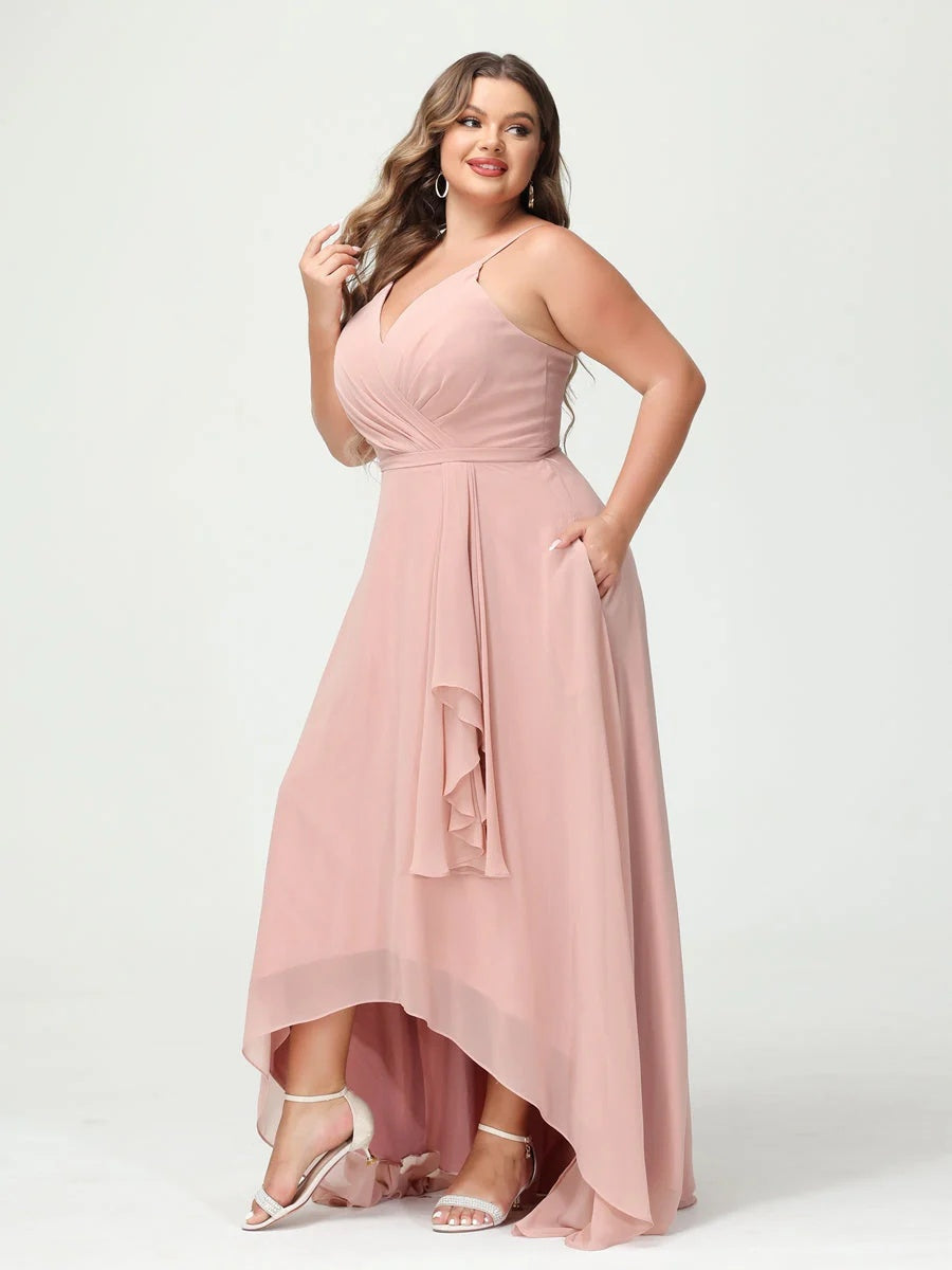 A-Line/Princess Spaghetti Straps Chiffon Ruffles Asymmetrical Plus Size Bridesmaid Dresses with Pockets