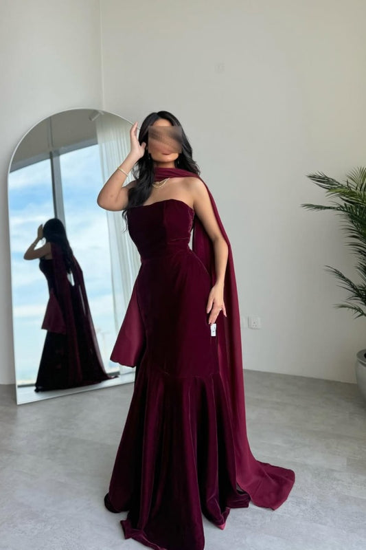 edgynewlook Burgundy Strapless Velvet Long Prom Dress Sleeveless