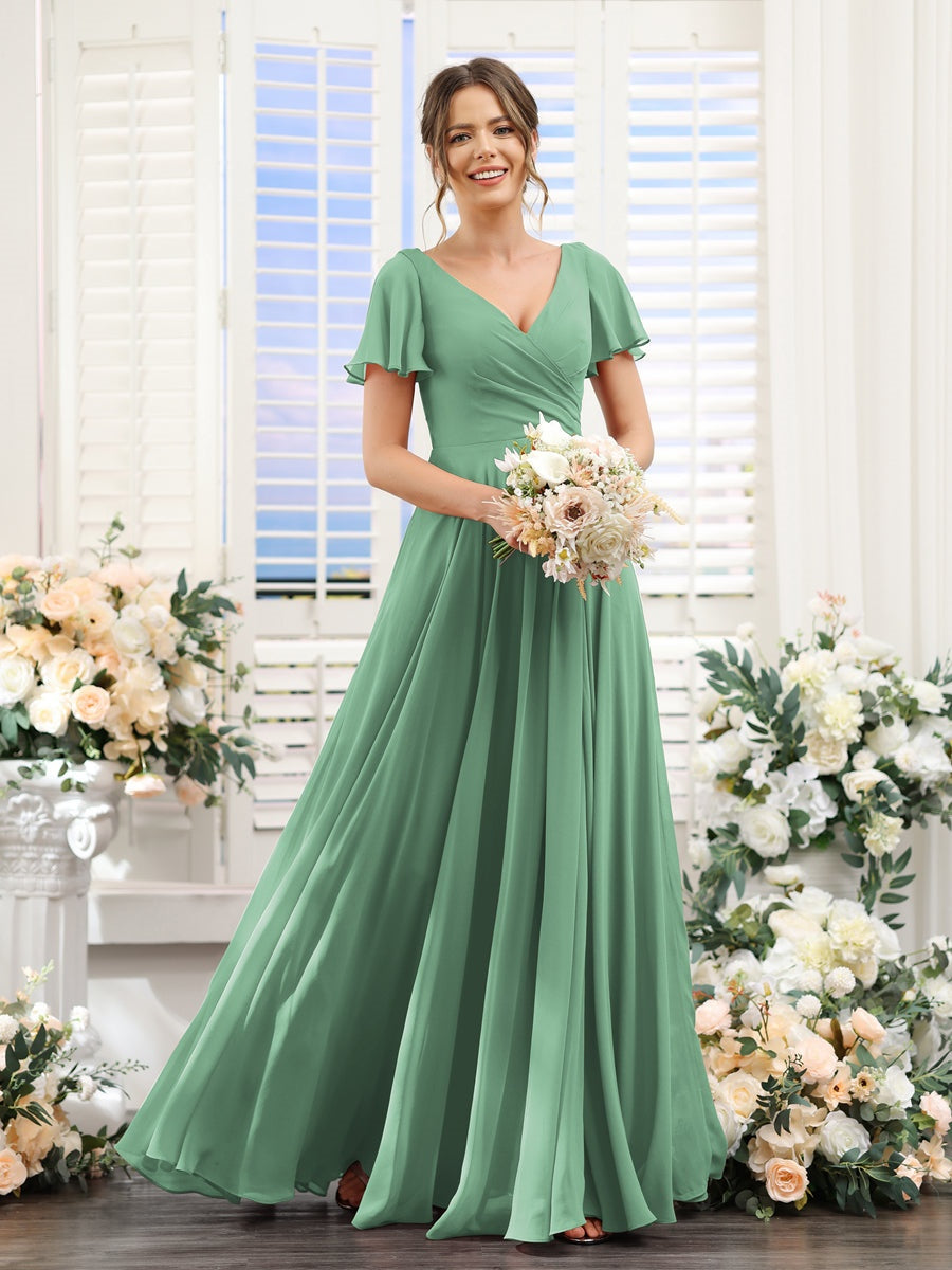 A-Line/Princess V-Neck Short Sleeves Bridesmaid Dresses with Split Side & Ruched