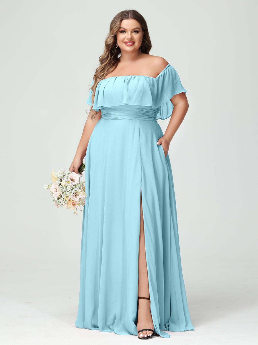 A-Line/Princess Off-the-Shoulder Short Sleeves Chiffon Plus Size Bridesmaid Dresses with Pockets & Split Side