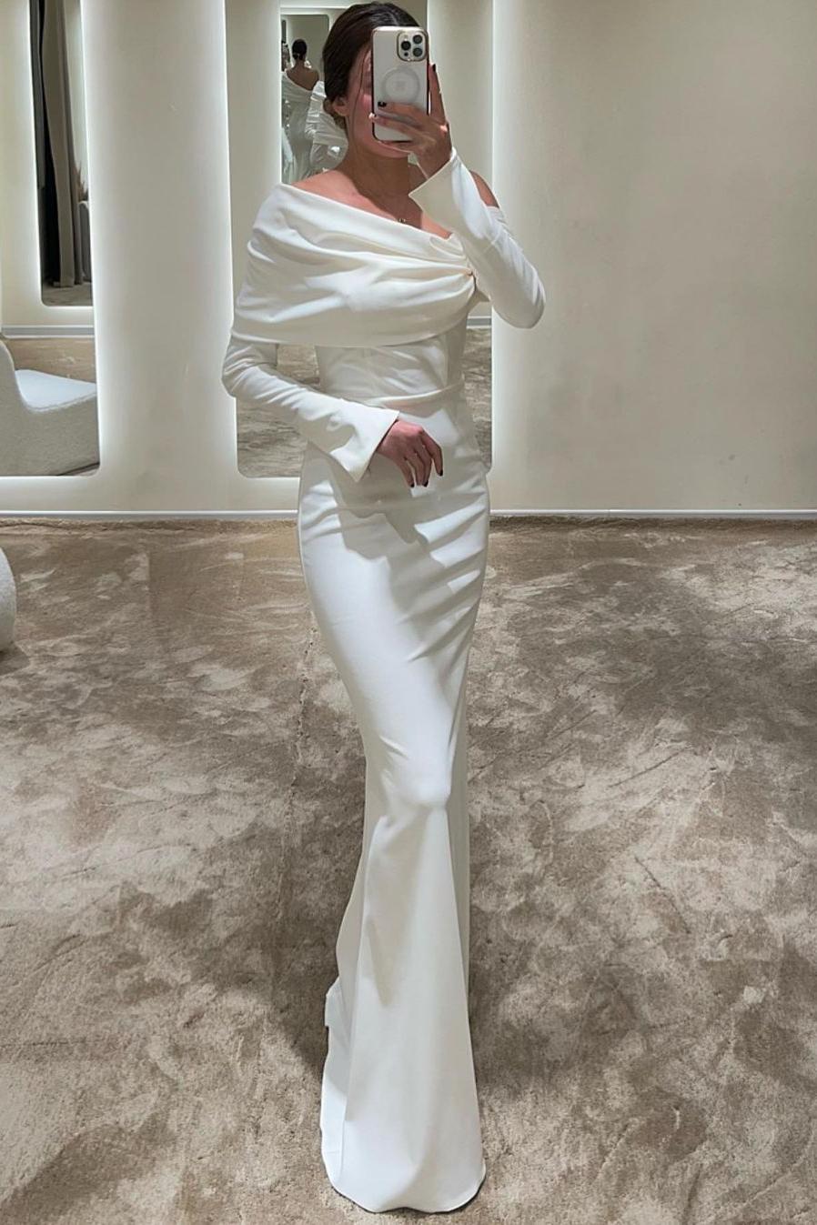 edgynewlook Chic White Satin Off the Shoulder Long Sleeves Mermaid Prom Dress with Pleated