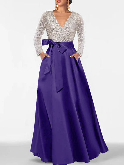 A-Line/Princess V-Neck Long Sleeves Floor-Length Mother of the Bride Dresses With Pocket & Sequins