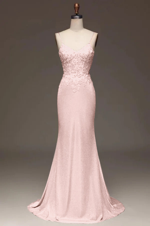 Elegant Pink Spaghetti Straps Embroidery Prom Dress Shining Mermaid Dress YX0045