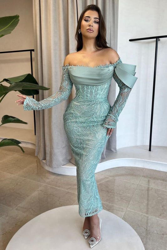 edgynewlook Exquisite Applique Long Sleeves Off the shoulder Mermaid Prom Dress with Pleated