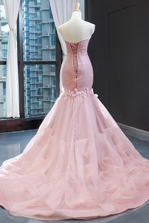 Edgynewlook Pink Sweetheart Mermaid Sleeveless Prom Dress With Tulle Ruffle Online