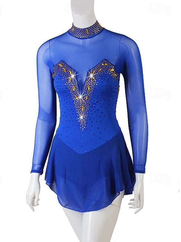 Dance Salsa Latin Dance Dress Rhinestone Women‘s Performance Training Long Sleeve High Spandex Tulle