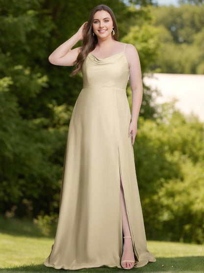 A-Line/Princess Spaghetti Straps Sleeveless Floor-Length Unique Plus Size Bridesmaid Dresses with Split Side