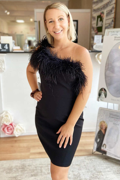 Feathers Black One-Shoulder Bodycon Short Cocktail Dress  gh1226