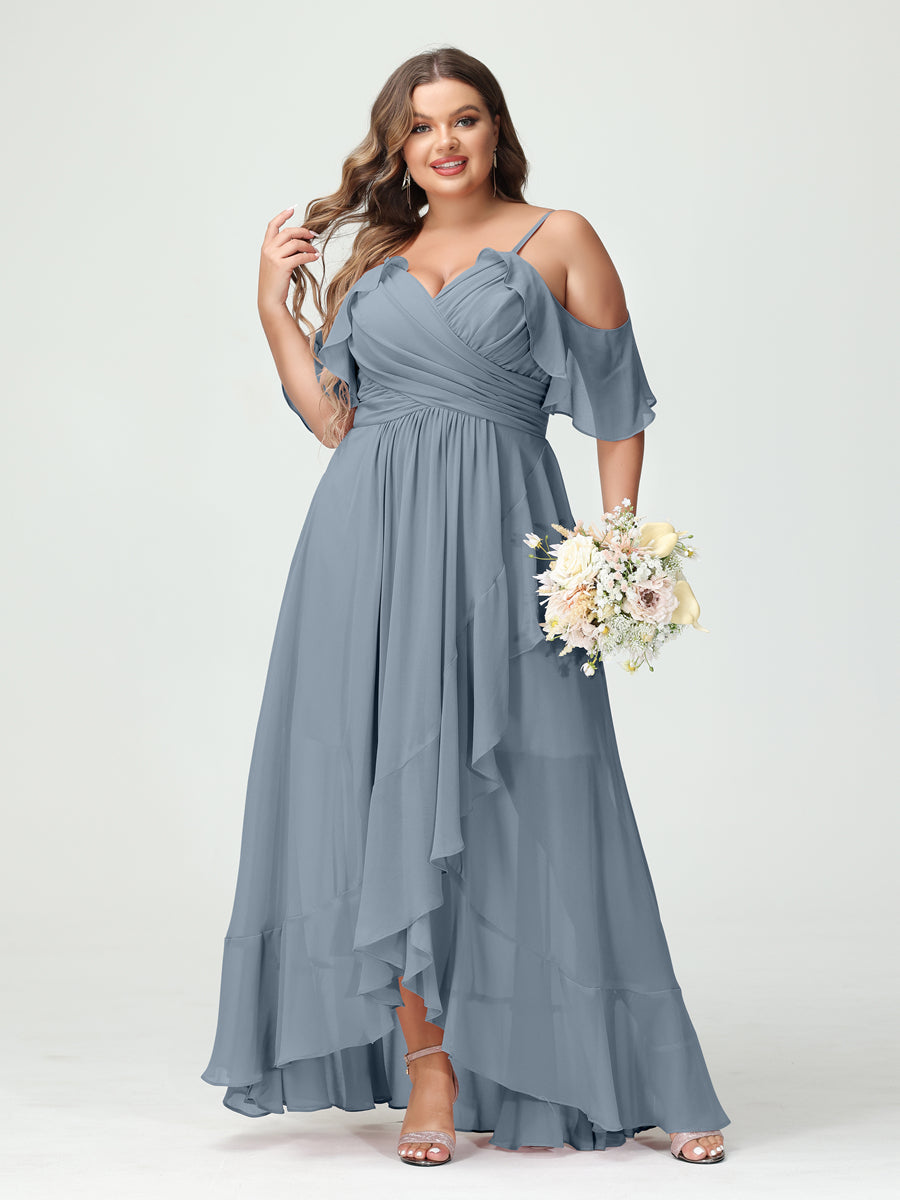 A-Line/Princess/Princess Spaghetti Straps V-Neck Short Sleeves Chiffon Asymmetrical Plus Size Bridesmaid Dresses with Ruffles