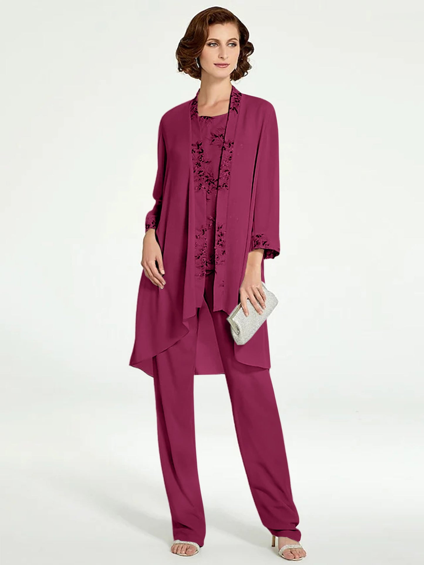 Chiffon Round Neck Floor-Length Mother of the Bride Pantsuits with Jacket