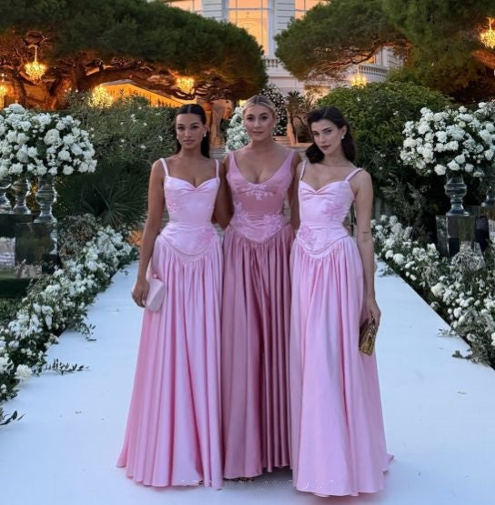 Pink Retro Elegant A-line Spaghetti Strap Satin Long Evening Dress Birthday Party Dress Bridesmaid Dress gh3143