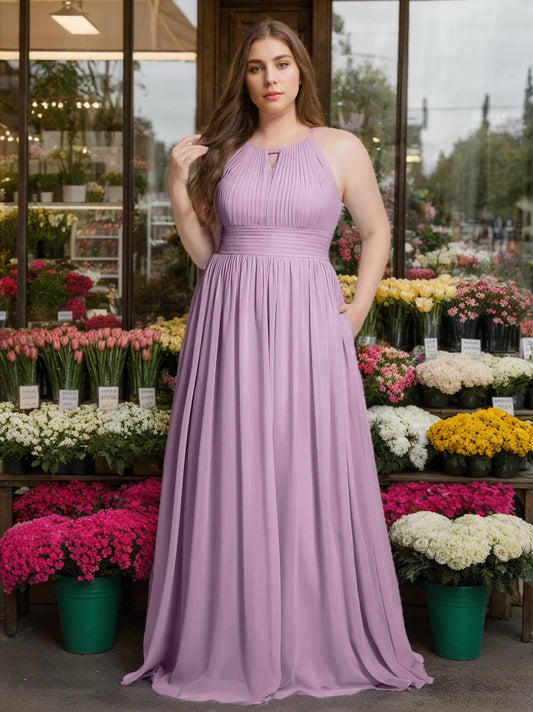 A-Line/Princess Halter Sleeveless Floor-Length Unique Plus Size Bridesmaid Dresses