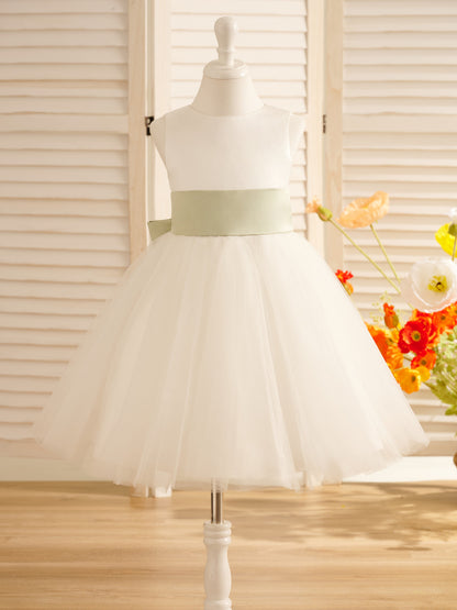 A-Line Satin Tulle Knee-length Flower Girl Dress