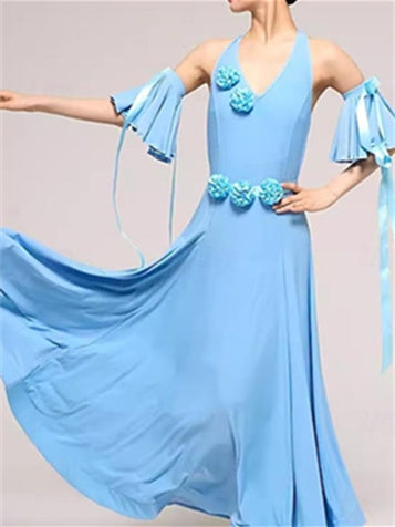 Ballroom Dance Dress Pure Color Splicing Women's  Sleeveless Crystal Cotton