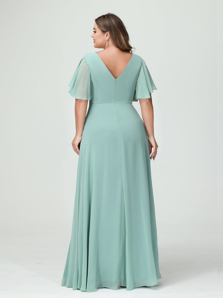 A-Line/Princess V-Neck Half Sleeves Chiffon Plus Size Bridesmaid Dresses with Split Side & Ruffles