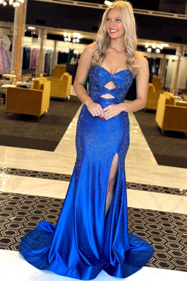 Royal Blue Bow Neckline Split Beaded Prom Dress ZT0511