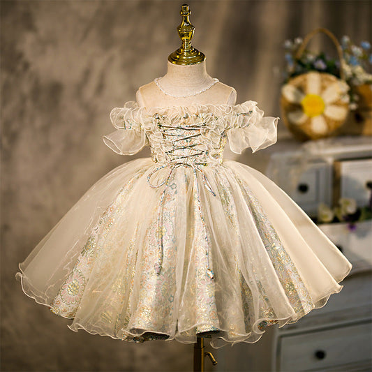 Ruffled short Sleeves Knee-Length Embroidery Flower Girl Dress with Beading