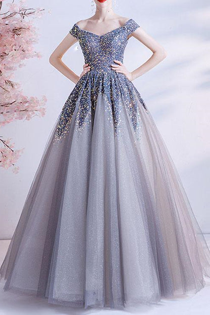 Edgynewlook Gorgeous Off-The-Shoulder Long Ball Grown Prom Dress With Sweetheart Sequins