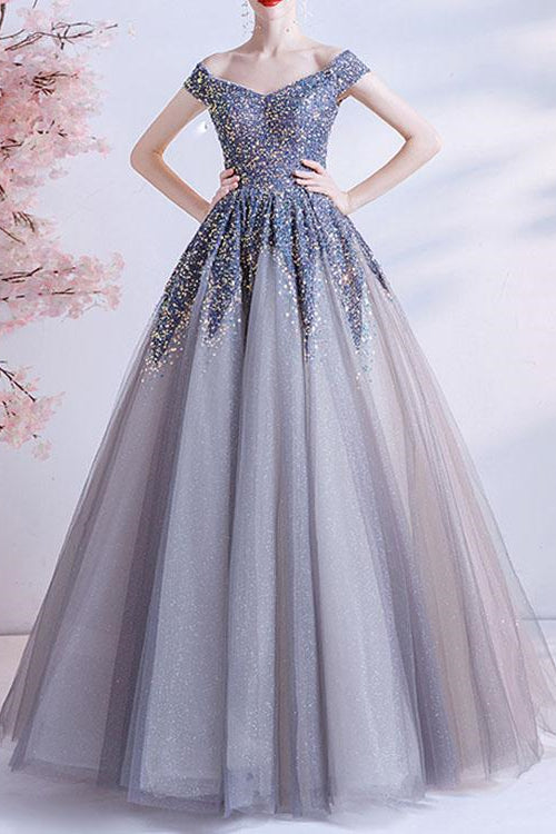 Edgynewlook Gorgeous Off-The-Shoulder Long Ball Grown Prom Dress With Sweetheart Sequins